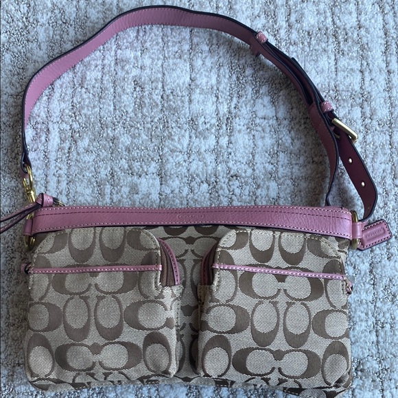 Coach Handbags - Coach Pink and Brown Signature Adjustable Belt Bag in Excellent Condition